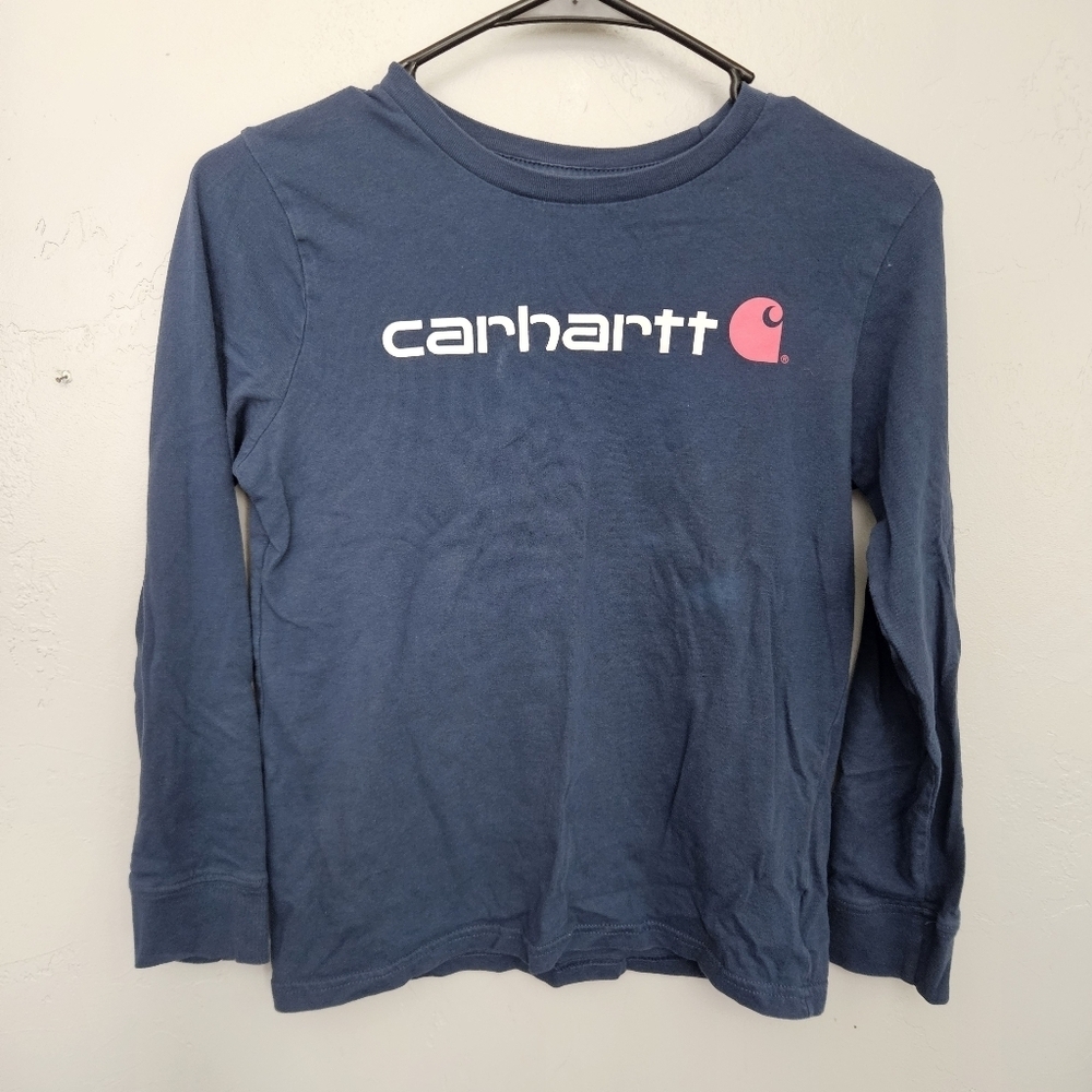 Carhartt Girls Large 12 Dark Teal Blue and Pink Long Sleeve Tee T-shirt Top Logo